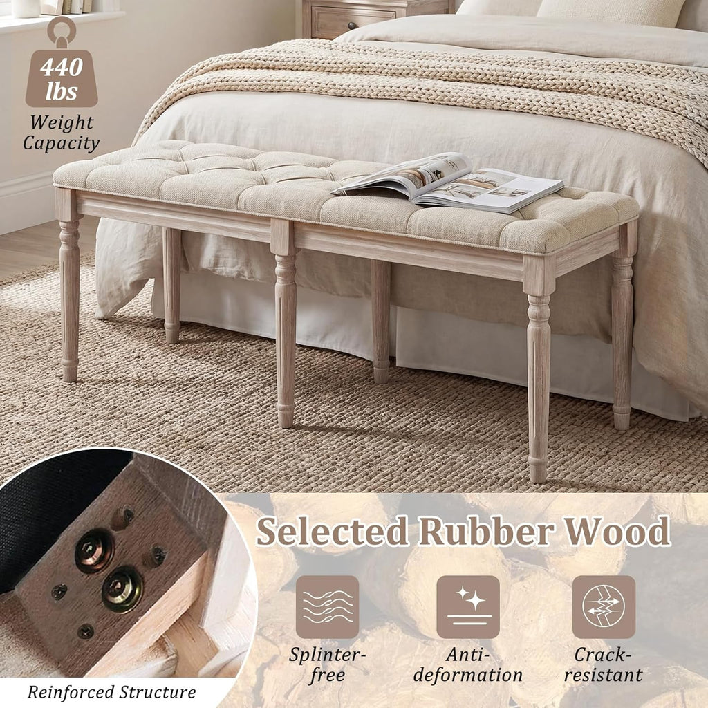 Giantex 47.5-inches Upholstered Dining Bench, Button-Tufted Table Bench with Carved Rubber Wood Legs, Padded Seat, Load 440Lbs, Vintage End of Bed Ottoman for Entryway, Living Room, Bedroom (1,Beige)