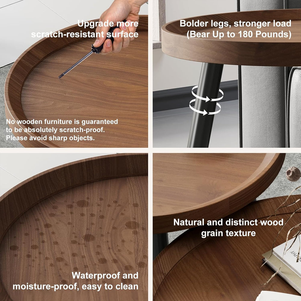 2PCS Small Round Coffee Table Set, Walnut Mid Century Modern Nesting Tables |...