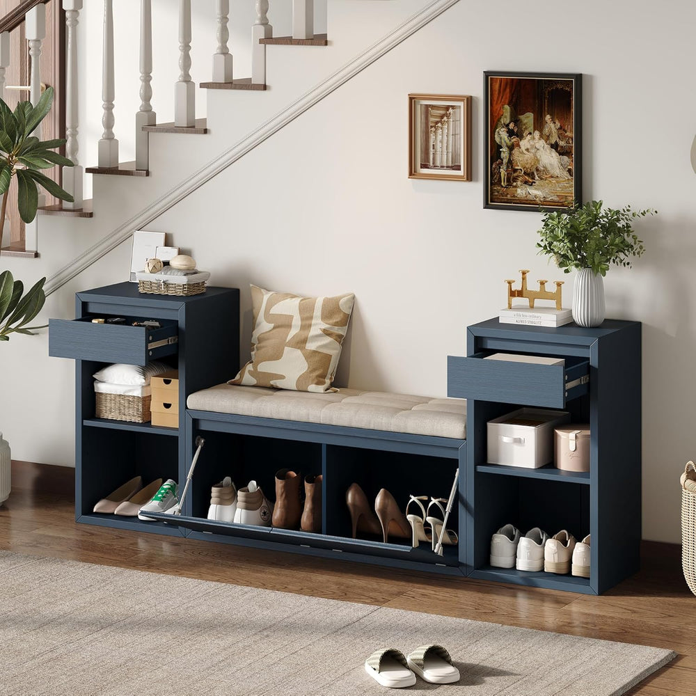 SOFTSEA All-in-One Entryway Storage Bench with Cushion, Compartments, Drawers...