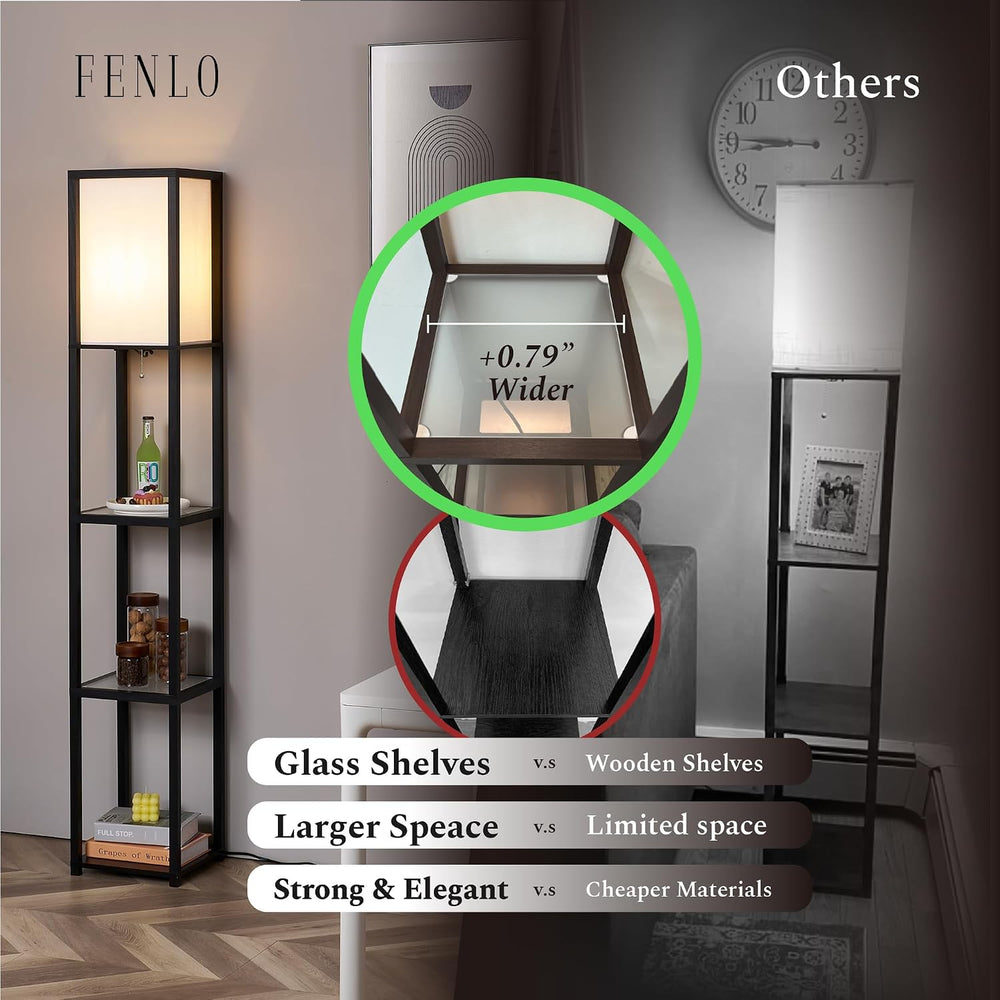 FENLO Floor Lamp with Shelves – Tall Standing Lamp with Tempered Glass Tiers ...