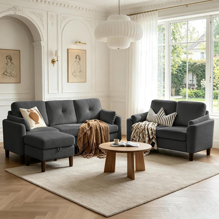 3 Piece Sectional Sofa Set , 3 Seat Couch & Loveseat & Ottoman, Dark Grey