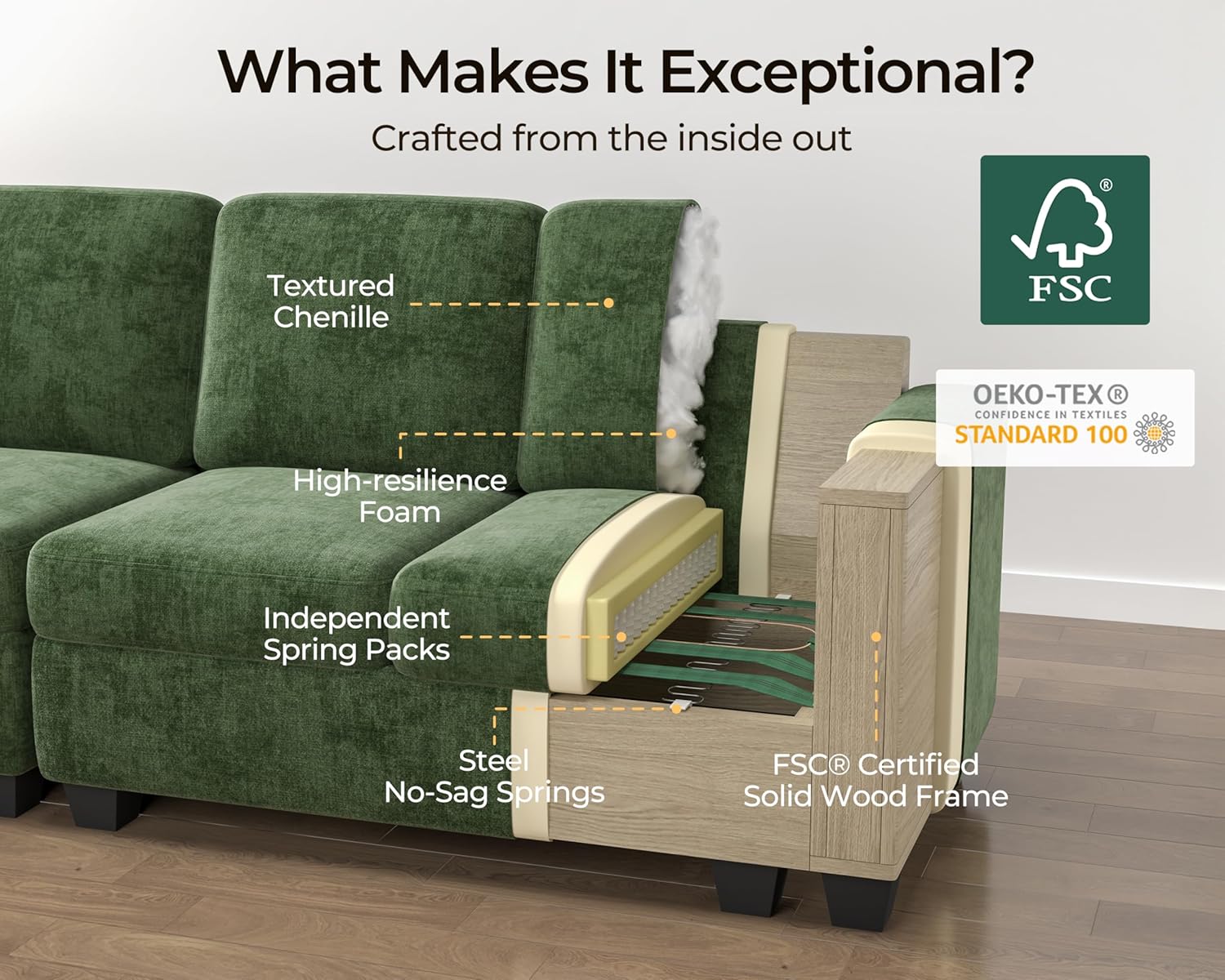 155.9'' Oversized Modular Sectional Sofa Plush Cloud Couch with Storage, Convertible Deep U-Shaped Couch with Chaises for Living Room, 6-Seater with Corner and 2 Ottomans, Chenille, Green