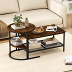 GOFLAME Nesting Coffee Table Set of 2, 2 PCS Nesting Tables with Wood Top and Extra Storage Shelf, Modern Round End Table & Rectangular Coffee Tables for Living Room, Bedroom, Rustic Brown+Black