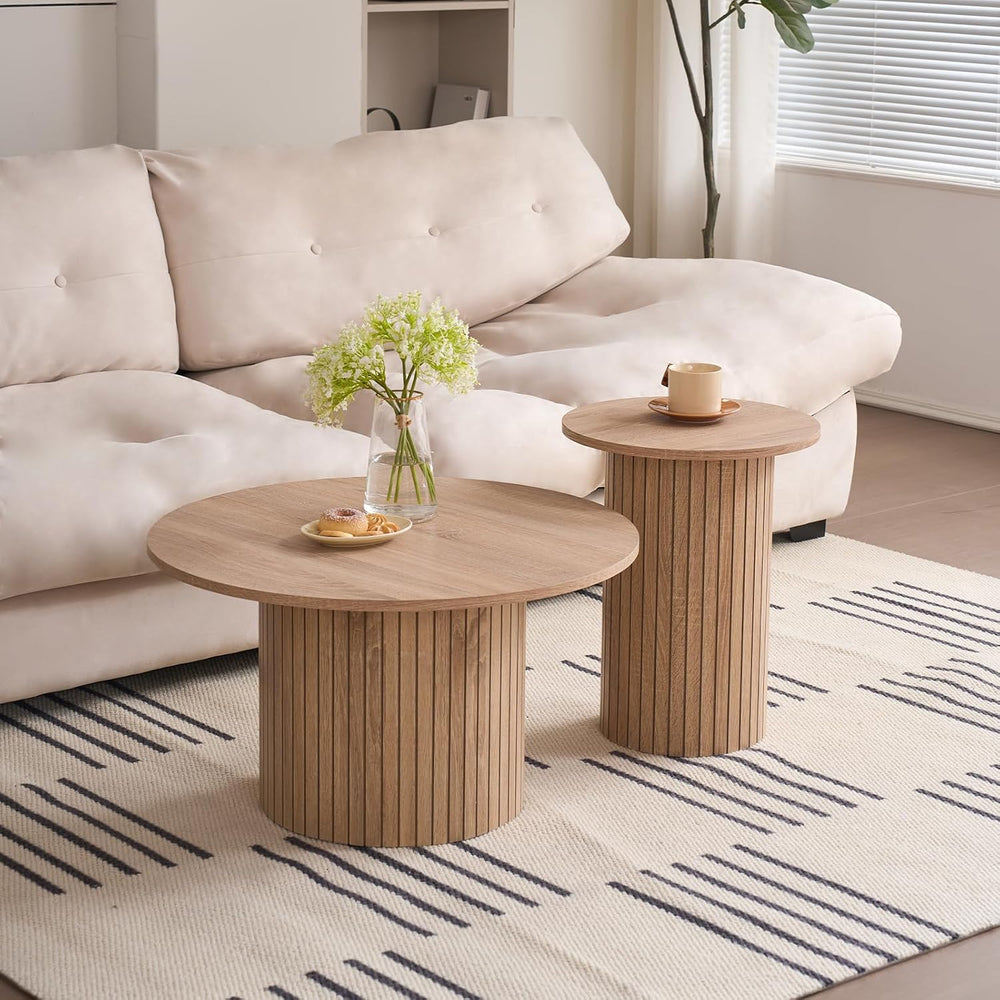 Round Nesting Coffee Tables Set of 2, Mid Century Modern Small Wood Side Tabl...