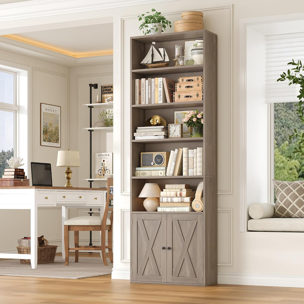 FACBOTALL 82" Tall Bookcase, Farmhouse Bookshelf with Doors, Gray