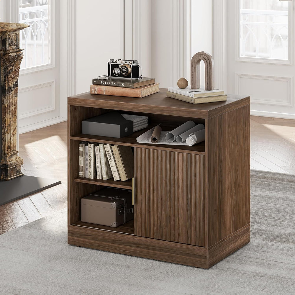 File Cabinet with Sliding Door, 32'' Fluted File Cabinet with Open Ad...