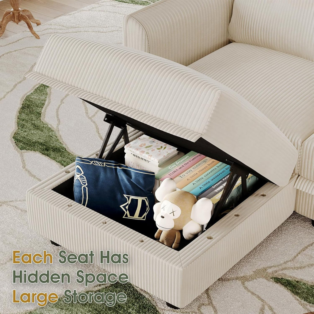 LLappuil 137" Modular Sectional Sofa with Storage, 9 Seater Corduroy U Shaped Couch with 9 Throw Pillows, Convertible Sofas for Living Room, Pet-Friendly, Scratch Resistant, Reconfigurable, Beige