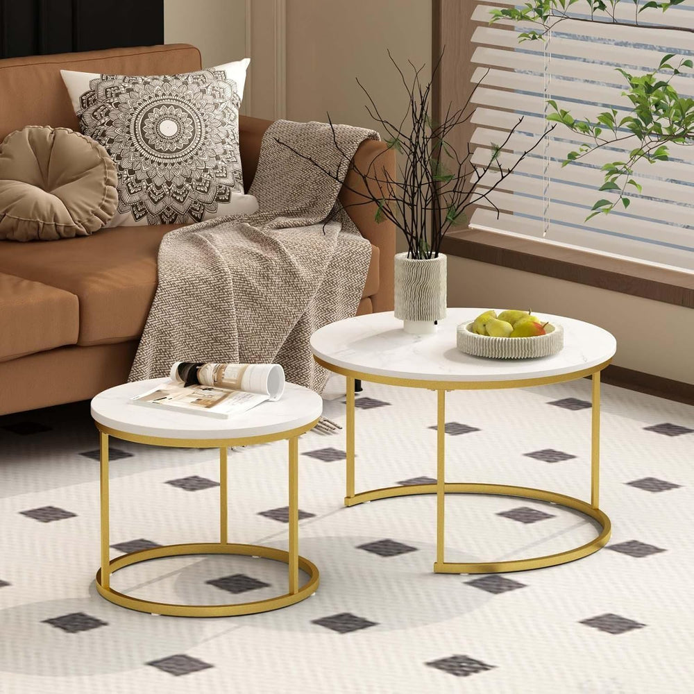 Nesting Coffee Table Set of 2, Round Tables with Marble Pattern MDF Top | Spa...