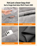 YEFU Bean Bag Chair for Adults: 4-in-1 Convertible Giant Bean Bag Bed, Overstuffed Memory Foam Floor Couch with Two Machine Washable Covers, Large Chair Bed for Living Room Bedroom, Full Grey