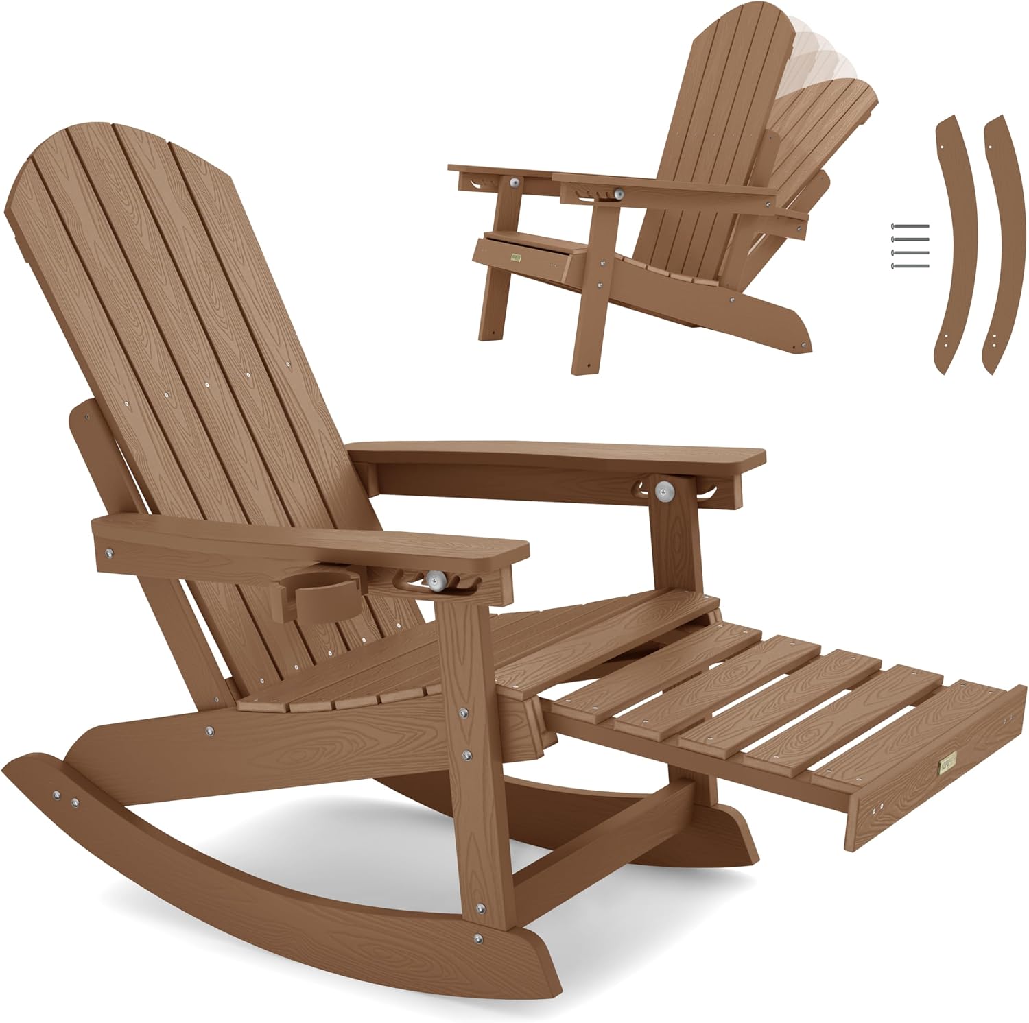 YEFU Adirondack Rocking Chairs, Adirondack Chair with Footrest, Teak | 5- Level Adjustable Backrest, Retractable Ottoman & Cup Holder, Like Real Wood, for Outdoor/Patio/Porch, Heavy Duty, 400 lbs