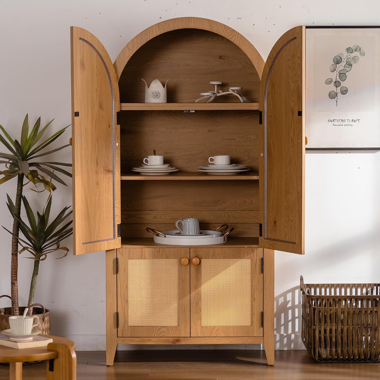 Arched Kitchen Pantry Cabinet, 63.39" Tall Kitchen Storage Cabinets, Rattan Bookcase with Doors and Adjustable Shelves, Freestanding Cupboard for Living Room, Dining Room - Natural