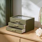 Jewelry Box Organizer Case for Women: 3-Layer Jewelry Storage Case with Glass Window, Olive Green Leather with Cream Velvet, Holder for Ring Necklace Bracelet Brooch Watch, Great Gift for Her
