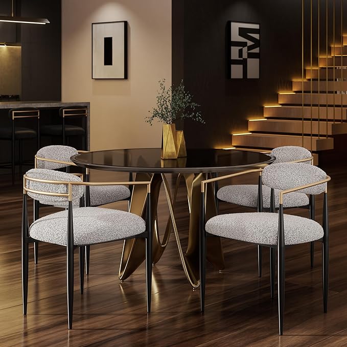 Morden Fort Modern Boucle Dining Chairs Set of 4, Grey Upholstered Dining Chairs with Black Metal Legs and Gold Armrest, Accent Chairs for Kitchen, Living Room and Bedroom