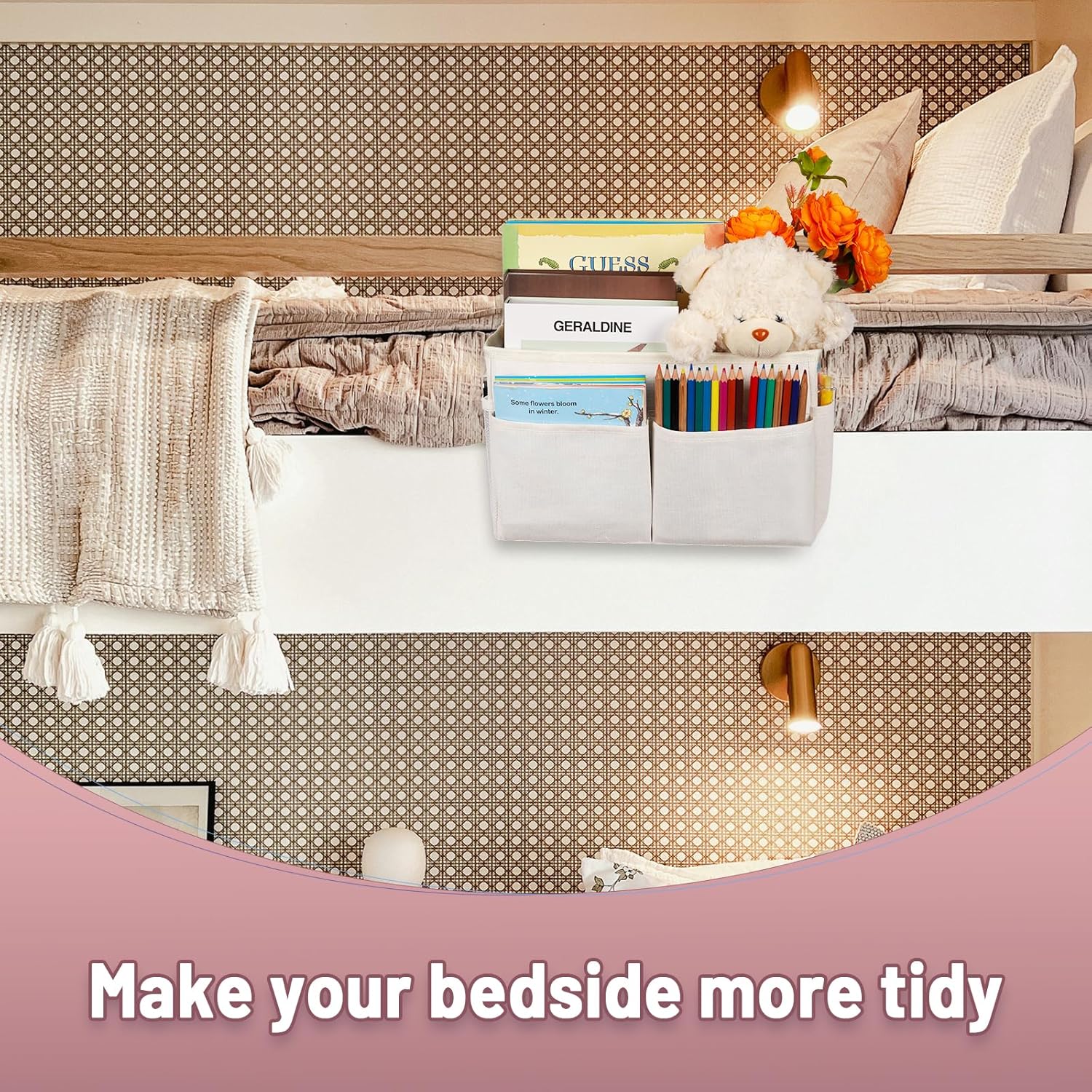 Bedside Storage Organizer 5 Pockets with 4 Hooks Hanging Storage Bag for Headboards/Bunk Bed (White)