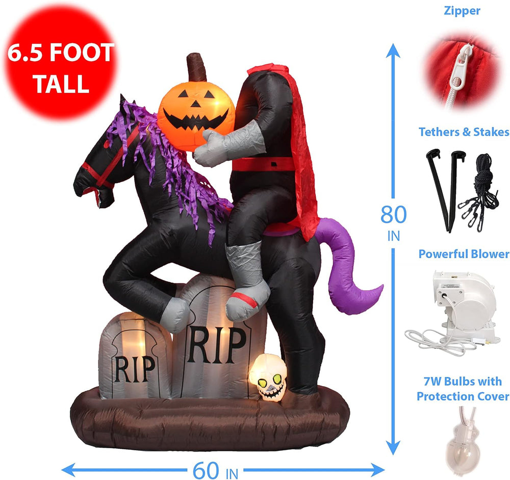 6.5 FT Tall Lighted Halloween Inflatable Headless Horseman with Horse