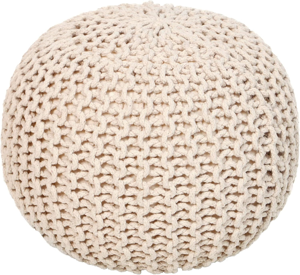 · REDEARTH · Round Pouf Ottoman - Hand Knitted Boho Poof Footrest - Ivory