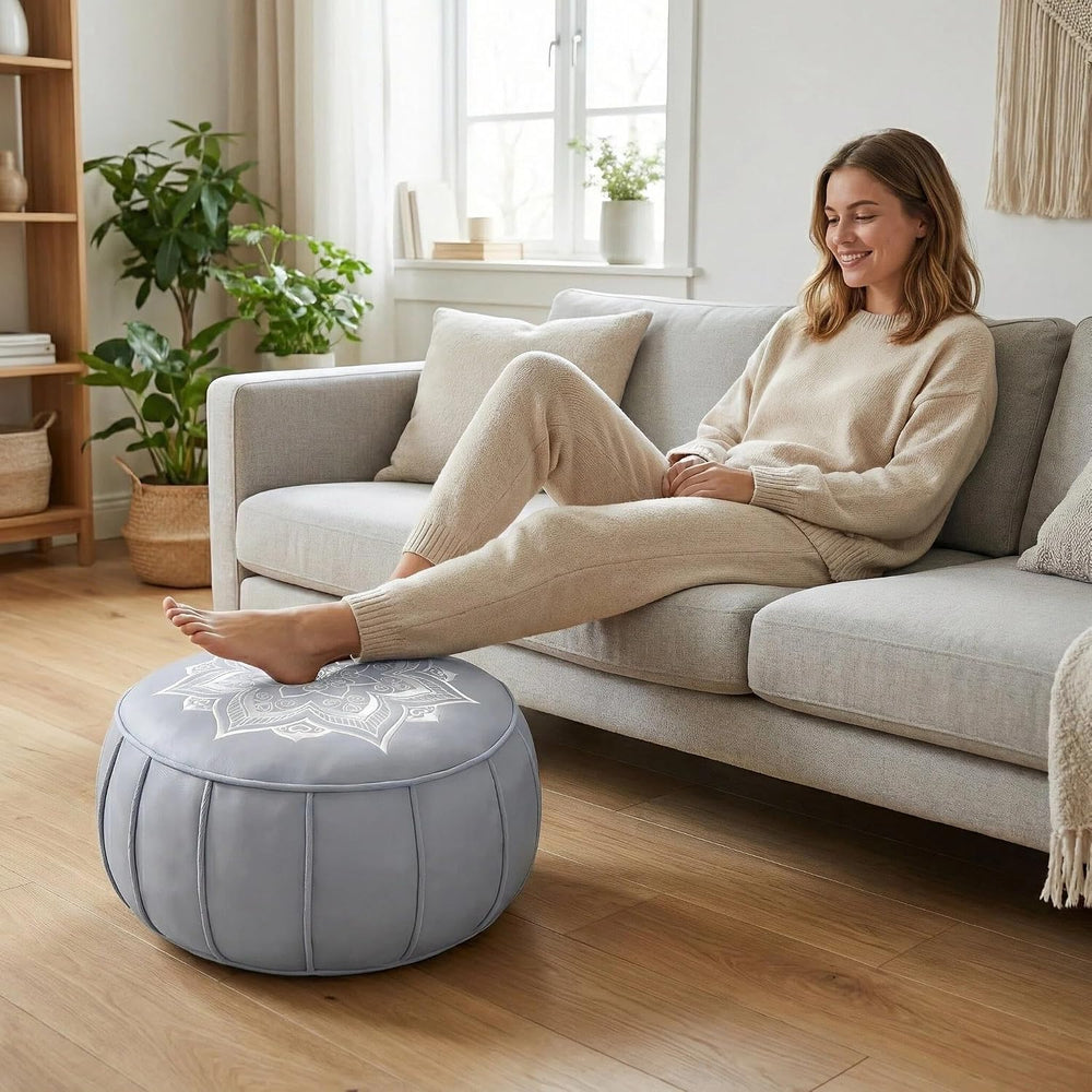 Round Pouf Cover, Premium Leather Ottoman Cover 19in / 48cm, Unstuffed Floor ...