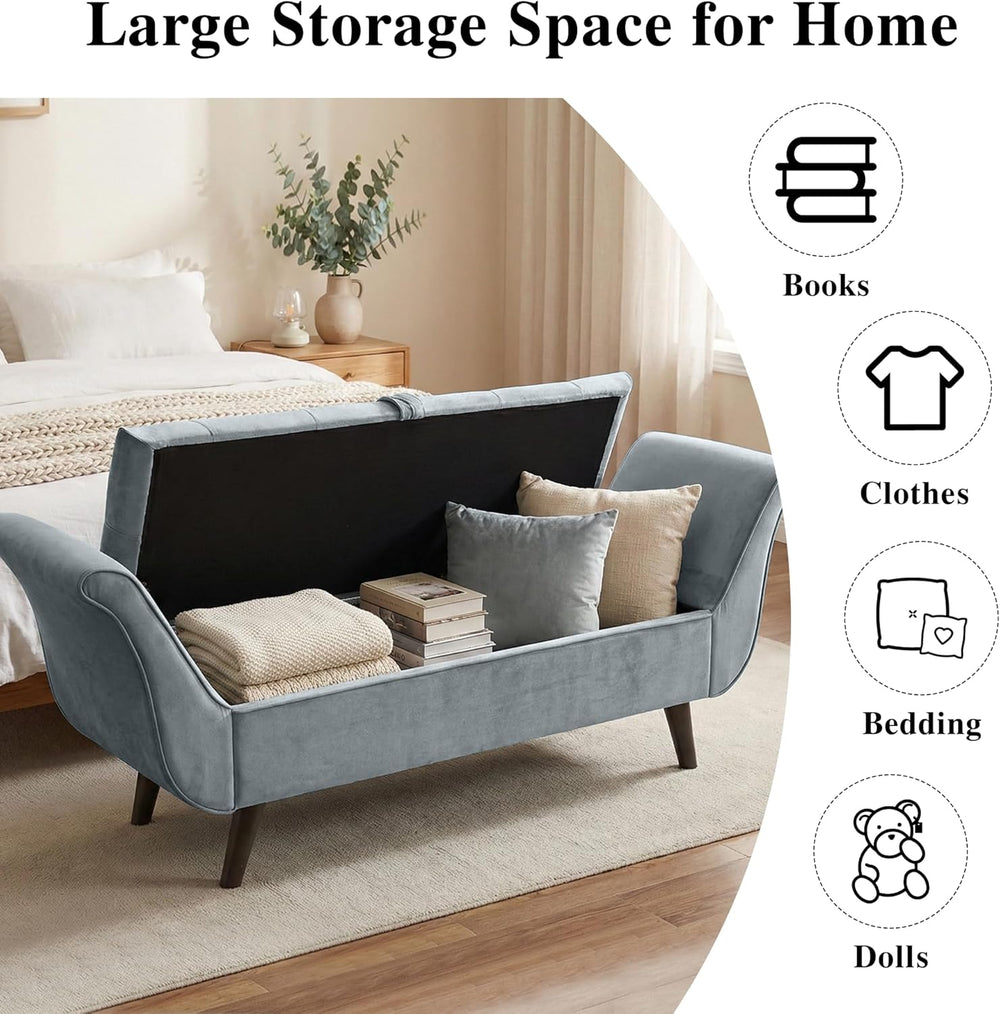 65" Velvet Storage Bench, 65" Vintage Upholstered Rolled Armed Butt...