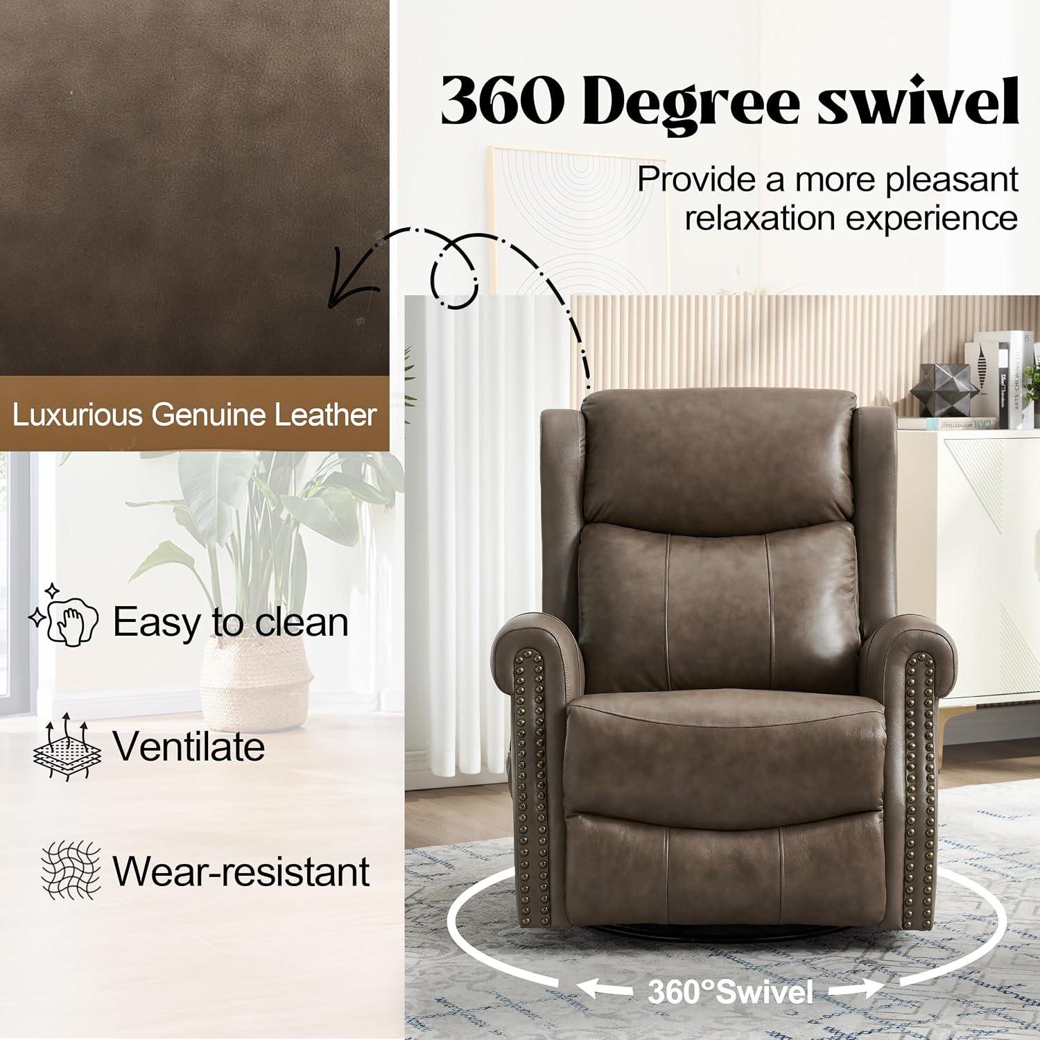 Genuine Leather Recliner Chair for Adults, Manual Swivel Rocker Glider Rocking Chair with Vibration Massage Lumbar Heat for Nursery, Rivet Design Single Sofa Chair for Living Room - Gray Brown