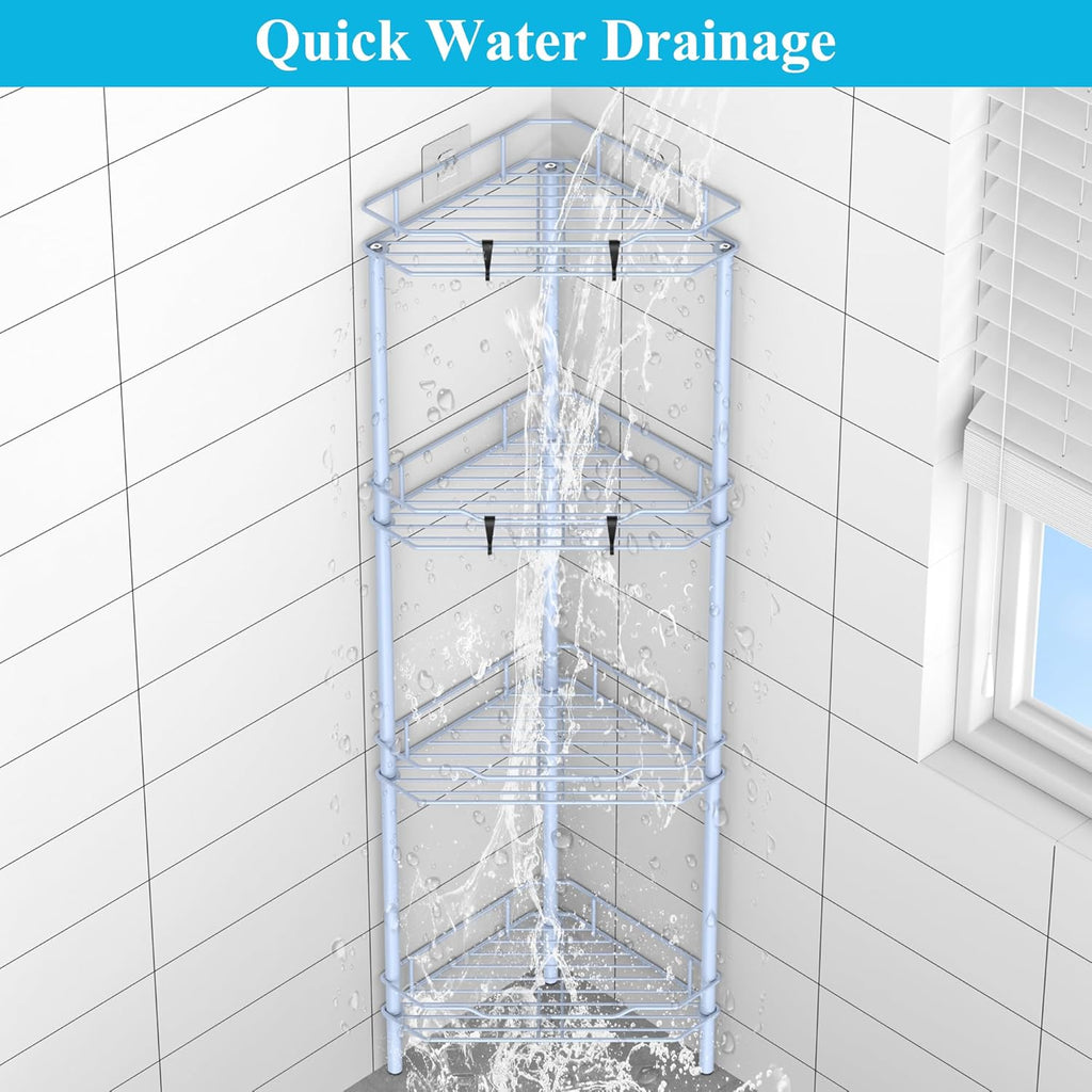 4 Tier Floor Standing Corner Shower Caddy Organizer Shelf with Hooks, Bathroom Shelves Stand Rack, Blue