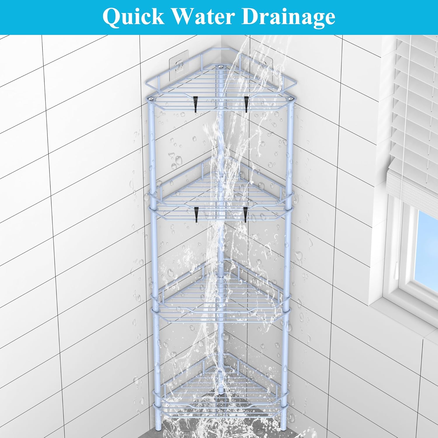 4 Tier Floor Standing Corner Shower Caddy Organizer Shelf with Hooks, Bathroom Shelves Stand Rack, Blue