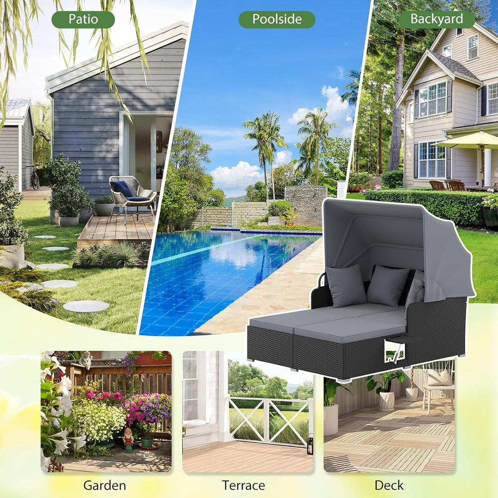 DREAMADE Outdoor Daybed with Canopy, 2 Person Rattan Sunbed with Cushions, 4 ...