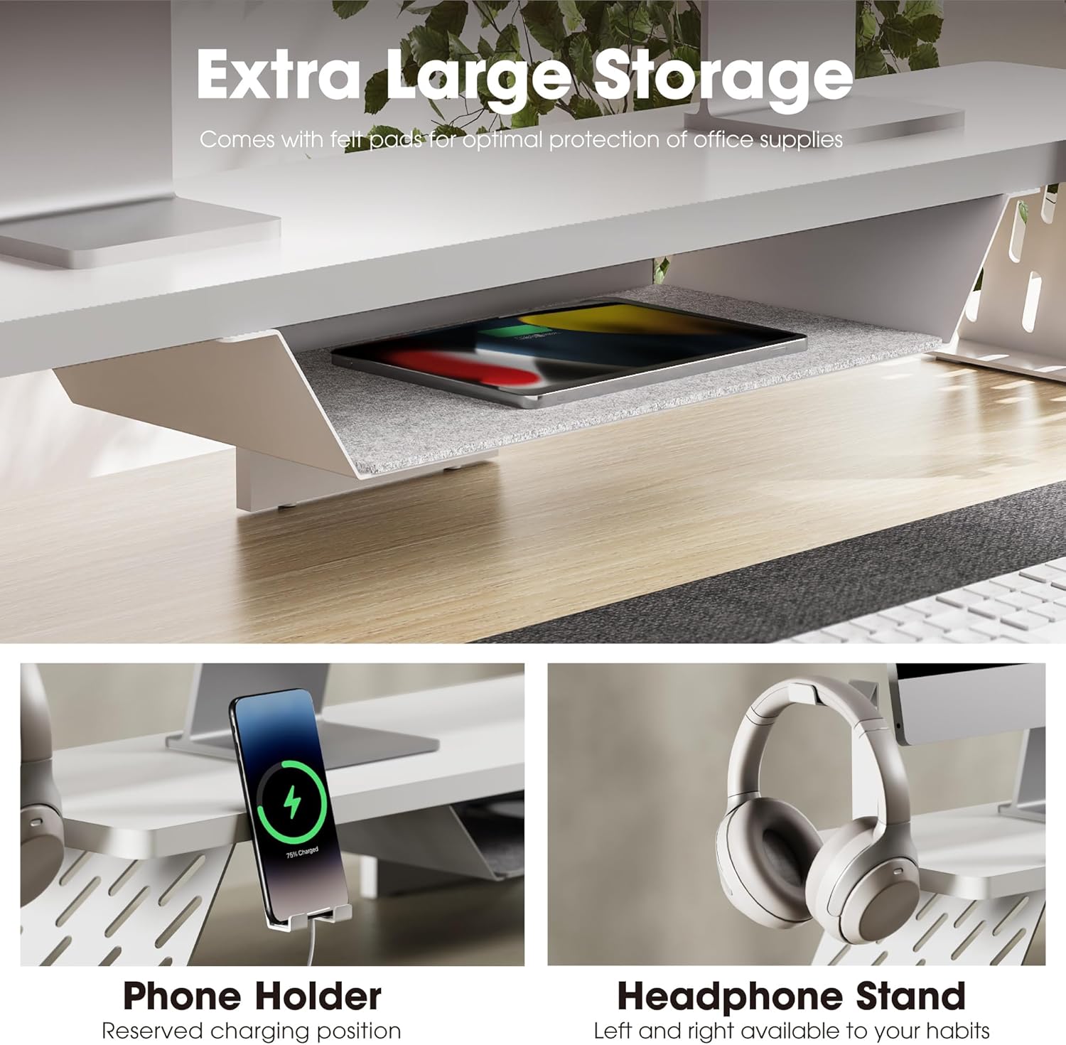 Fenge Dual Monitor Stand, 42.5 Inch Monitor Riser for Desk, Wood Desk Shelf for 2 Monitors, 2 Tier Monitor Shelf with Headphone Stand & Phone Holder