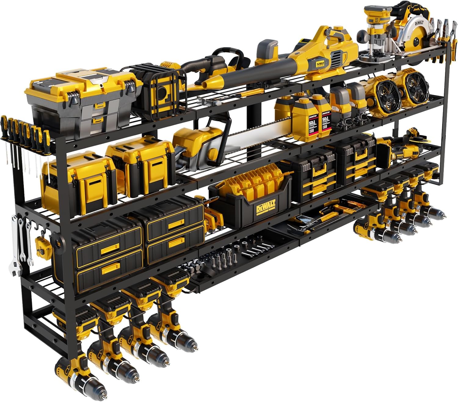 XLarge 64''W Power Tool Organizer Wall Mount | Modular&Corner-Fit 820lbs Garage Storage Rack with 8 Cordless Drill Holder | 4-Tier Heavy Duty Utility Shelf for Battery Workshop Organization