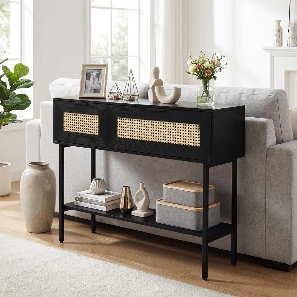 GOFLAME 40” Rattan Console Table, Narrow Long Entryway Table with Storage She...