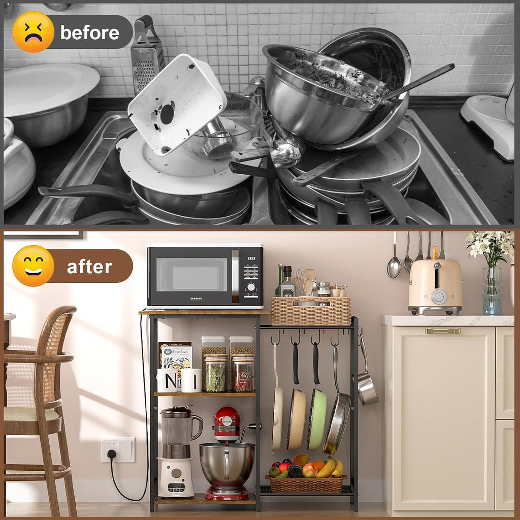 Kitchen Stand with Pots Rack, Utility Microwave Oven Stand with Storage, 5 Tiers Coffee Bar Table, Small Kitchen Bakers Rack with 6 S Hooks, Kitchen Storage Shelf Rack for Spices, Pots, Rustic Brown