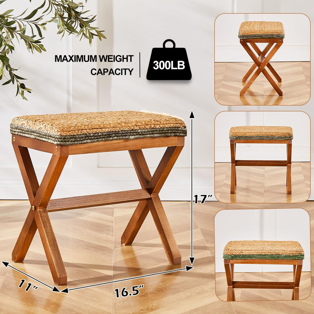 Natural Seagrass Ottoman Footstool with Wooden Legs – Handwoven Rectangular F...