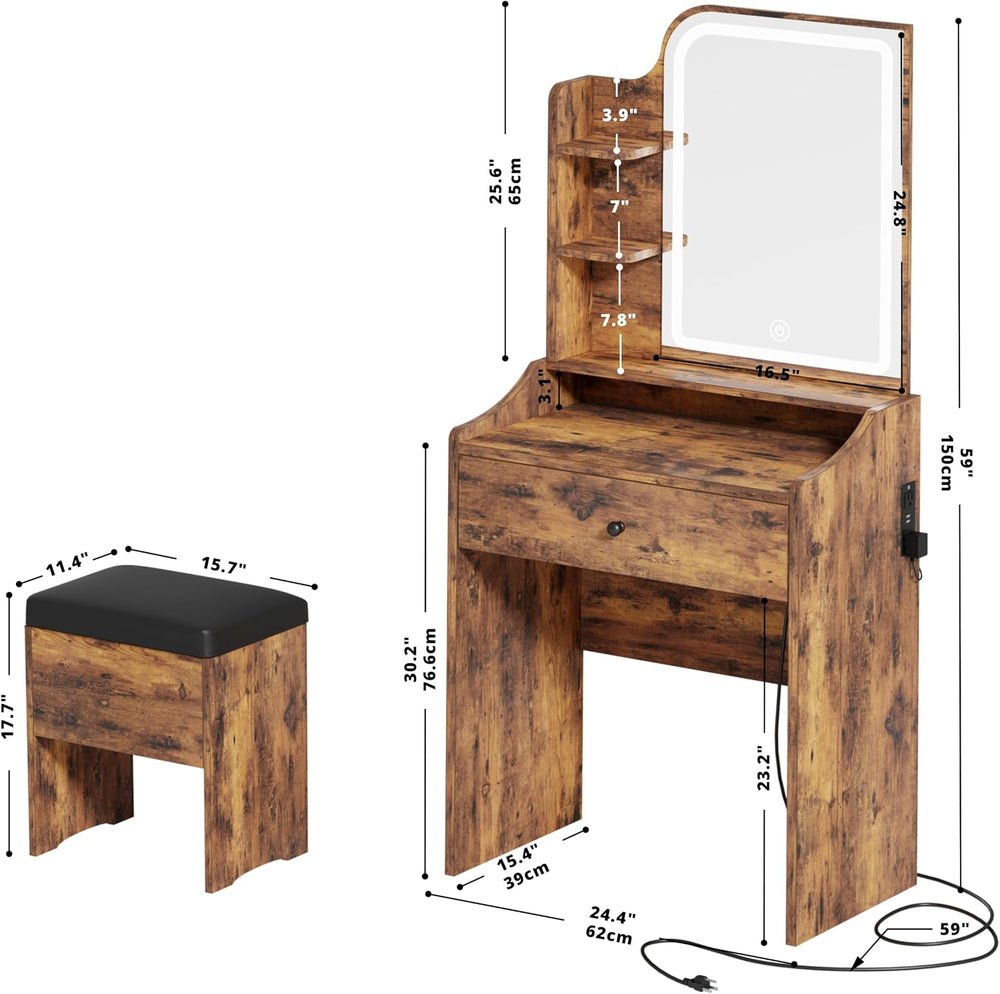 LIKIMIO Small Vanity Desk with Mirror Lights and Storage Stool | Vintage brow...