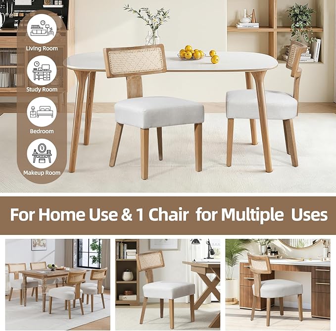 Mid-Century Modern Rattan Dining Chairs Set of 2 – Farmhouse Linen Upholstered Accent Chairs with Curved Backrest, Solid Hardwood Frame, and Comfortable Seat for Kitchen & Dining Room – Beige