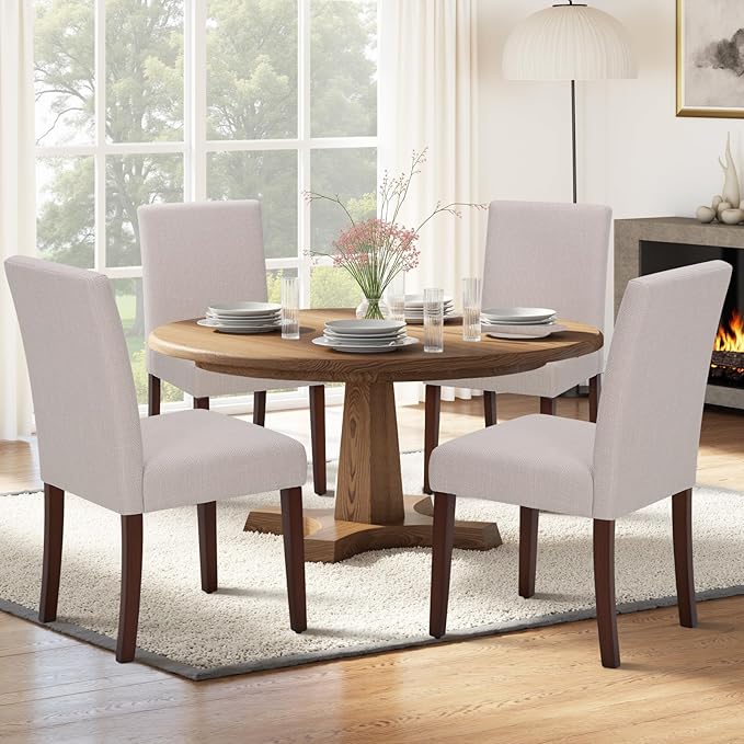Upholstered Dining Chairs Set of 4 - Line Fabric Modern Farmhouse Kitchen Chairs,Mid-Back Dining Room Chairs with Wooden Legs