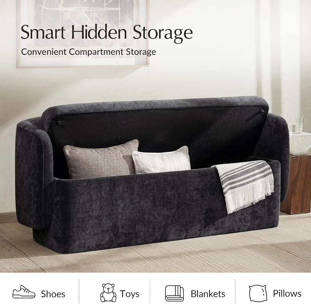 HULALA HOME 61" Bedroom Storage Bench with Low Backrest, Black | Upholst...