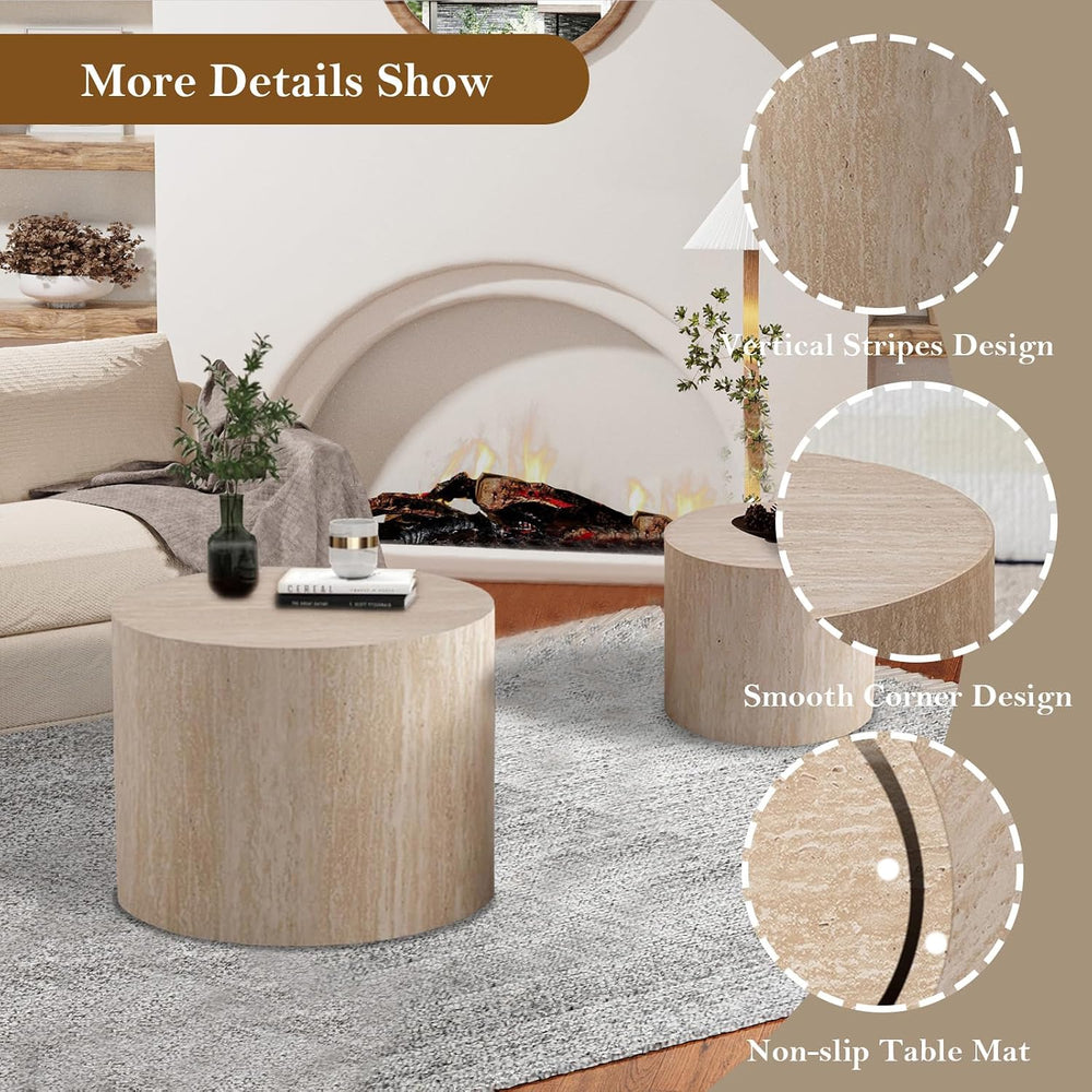Travertine Nesting Tables - Natural Stone Grain Texture (B 18.1+14.6in) | Cir...