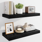 Marsmiles 24" Floating Shelves for Wall, Wooden Shelves with Invisible Brackets Set of 2, Rustic Farmhouse Wall Mounted Shelf for Kitchen Bathroom Living Room Study, Black