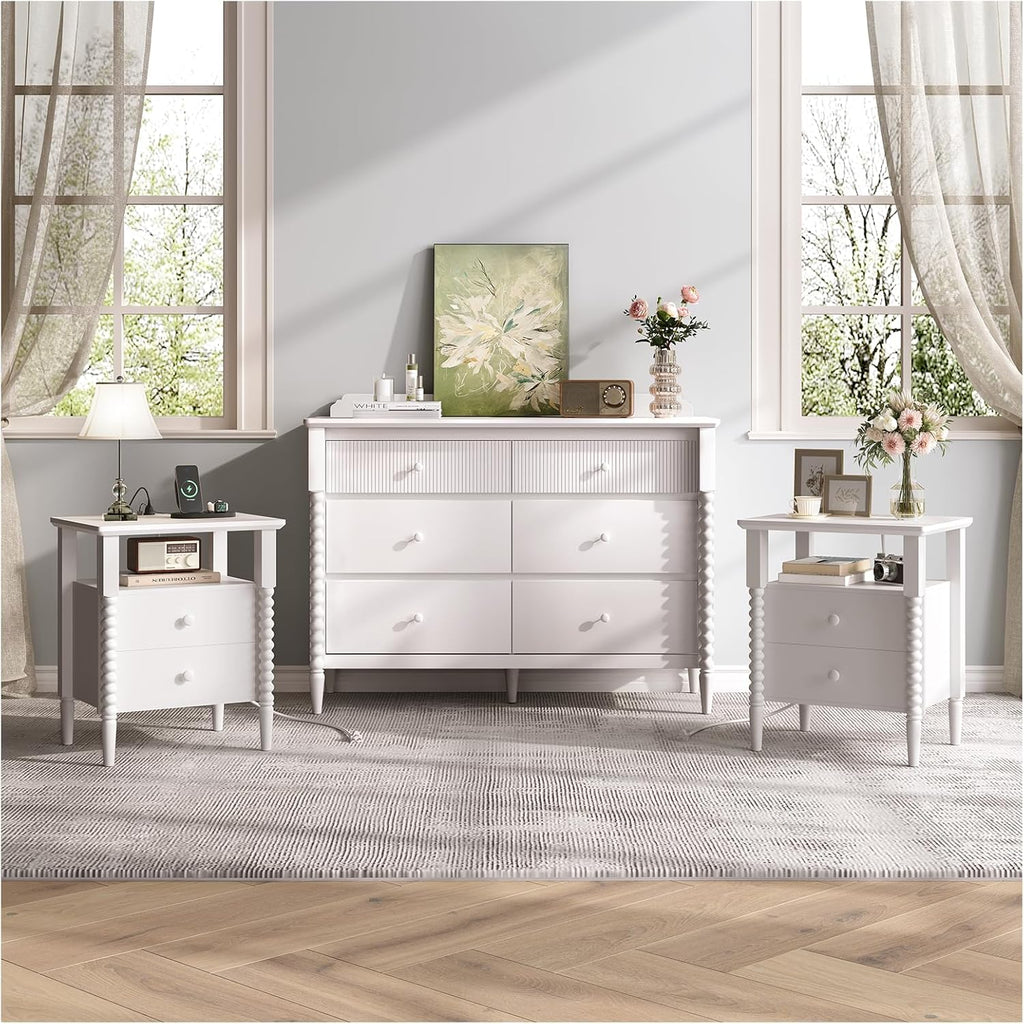 3 Piece Bedroom Set, Vintage 6 Drawer Dresser and Nightstand Sets for Bedroom, Night Stand Set 2 & Kids Dresser with Solid Wood Legs, Chest of Drawers Storage Cabinet Set, White