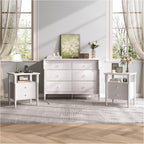3 Piece Bedroom Set, Vintage 6 Drawer Dresser and Nightstand Sets for Bedroom, Night Stand Set 2 & Kids Dresser with Solid Wood Legs, Chest of Drawers Storage Cabinet Set, White