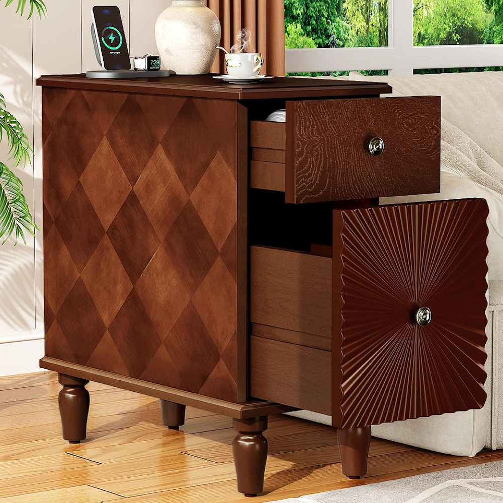 KEIKI Narrow End Table with USB Ports & Outlet, Wooden 2 Drawer Sofa Side...