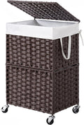 Chrislley 90L Slim Laundry Hamper with Wheels, Rolling Laundry Basket with Lid and Renovable Liner Bag, Handwoven Rattan Organizer for bedroom, bathroom, laundry room (Brown)