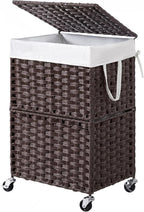 Chrislley 90L Slim Laundry Hamper with Wheels, Rolling Laundry Basket with Lid and Renovable Liner Bag, Handwoven Rattan Organizer for bedroom, bathroom, laundry room (Brown)