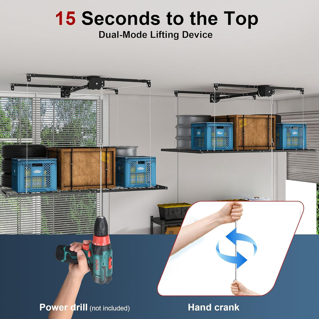 4x8 FT Overhead Garage Storage Rack for High Ceilings 10-12 FT, 350Lbs Heavy-duty Steel Garage Ceiling Rack with Safety Lock, Ideal for Overhead Storage Mounted Lift System and Garage Organizer
