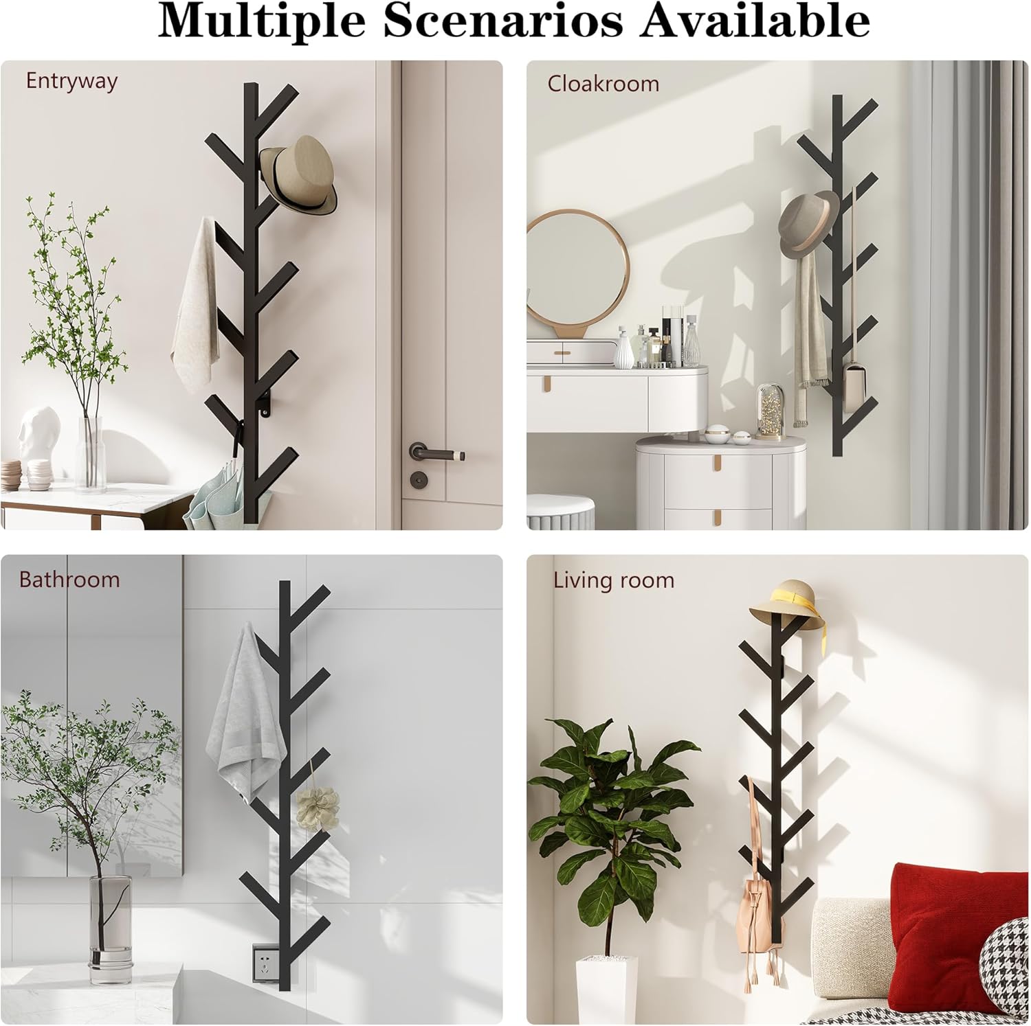 Prywot Coat Rack Wall Mounted - 9 Hooks, Coat Hooks for wall, Modern Metal Coat Tree for Hats, Jackets, Bags, Entryway Bedroom-Black (Height 37.8")