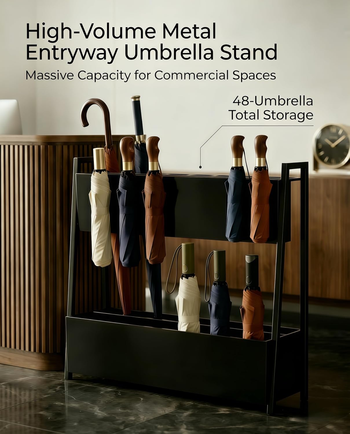 Large Square Metal Umbrella Stand for Entryway with Drip Tray | Hold up to 16 long and 32 compact umbrellas in one stand: keep your entryway clutter-free and floors dry with a drip tray