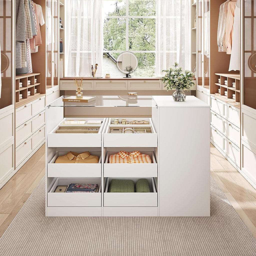 LIVAUVEAD Closet Island with 15 Drawers, Glass Top & Display Shelves, White | Wardrobe Armoire Bedroom Island, White Dresser with Glass Display Shelf, Walk-in Closet Island for Bedroom, Cloakroom
