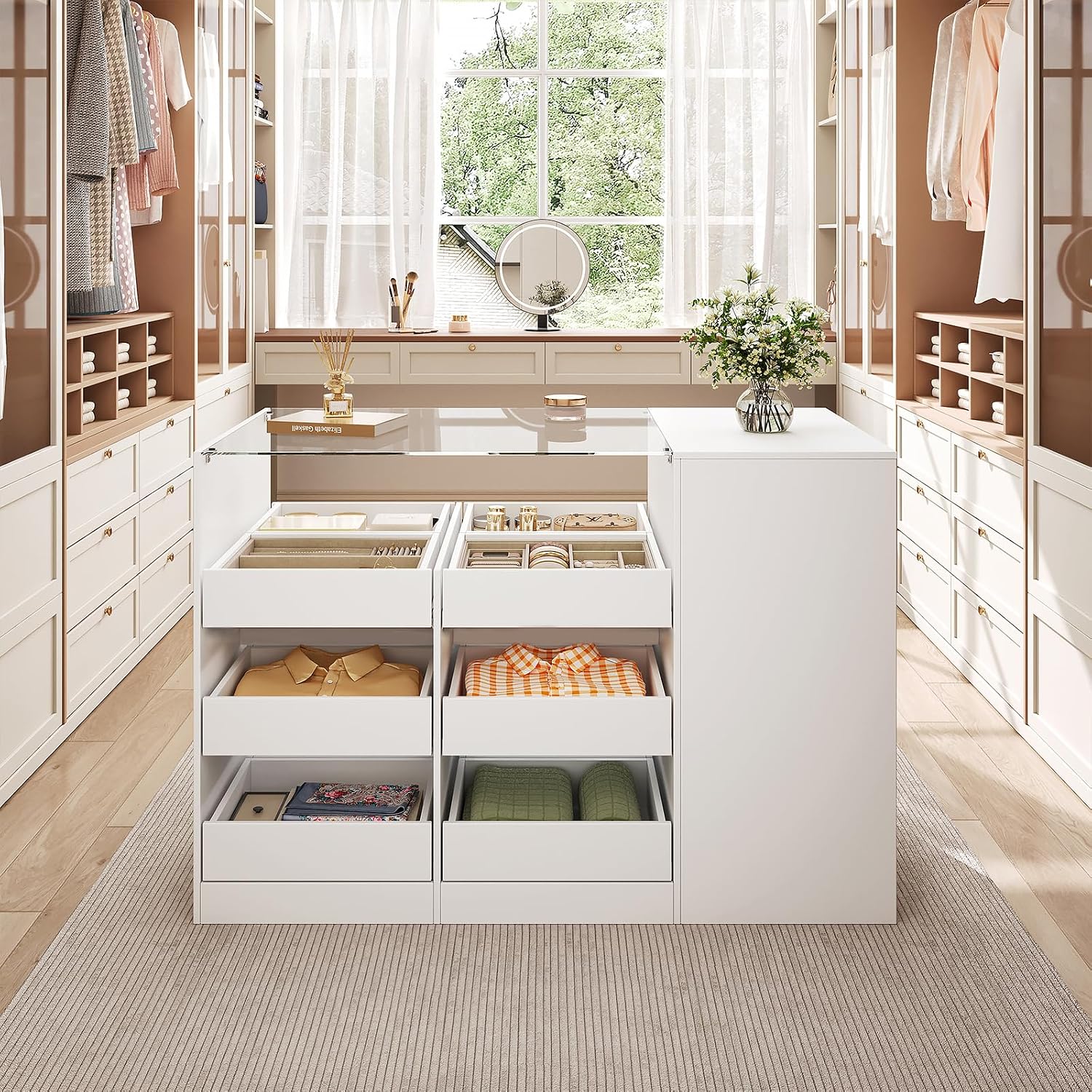 LIVAUVEAD Closet Island with 15 Drawers, Glass Top & Display Shelves, White | Wardrobe Armoire Bedroom Island, White Dresser with Glass Display Shelf, Walk-in Closet Island for Bedroom, Cloakroom