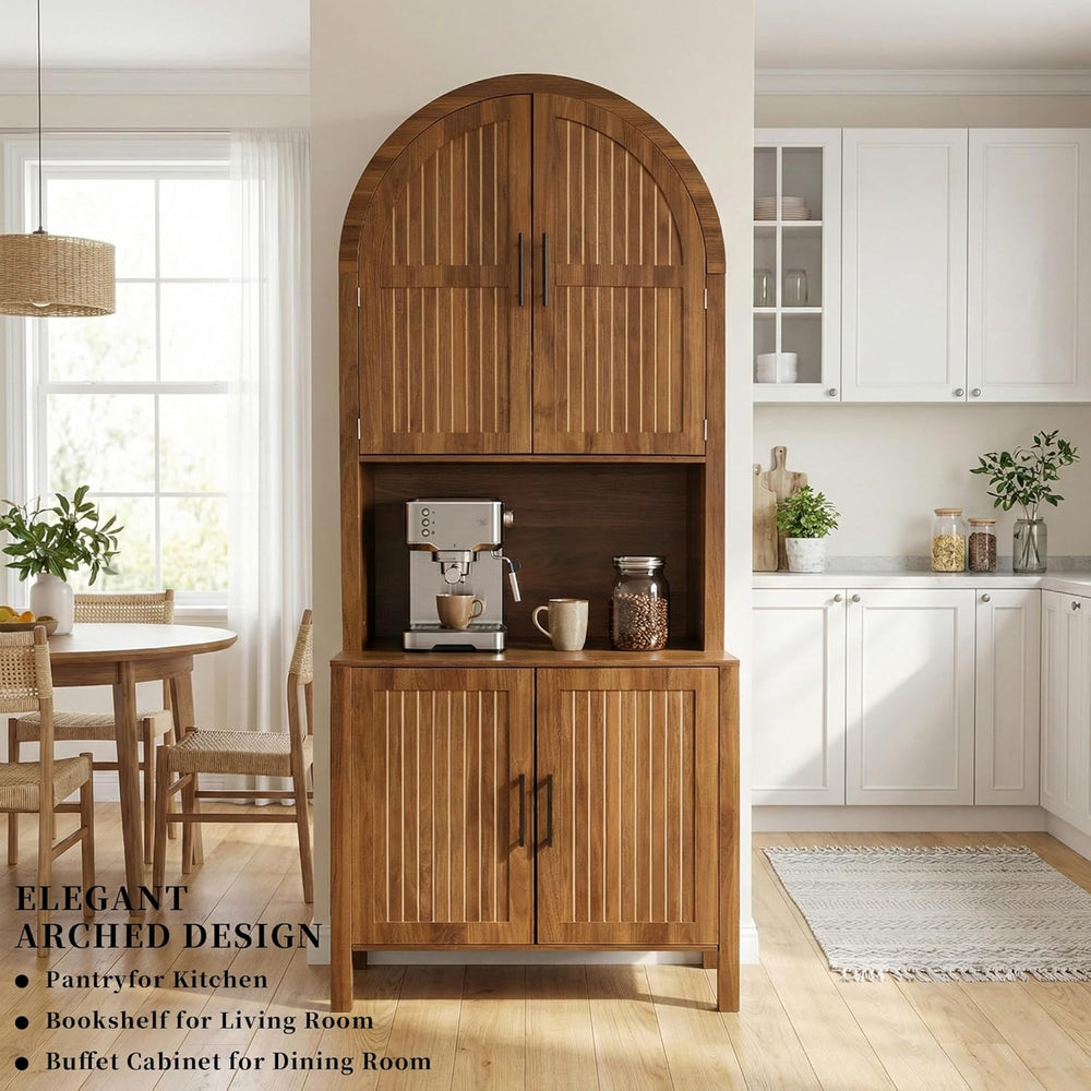 76" Tall Arched Kitchen Pantry, Large Kitchen Storage Cabinet with Flute...