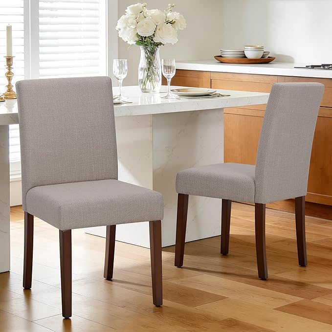 Upholstered Dining Chairs Set of 2 - Line Fabric Modern Farmhouse Kitchen Chairs,Mid-Back Dining Room Chairs with Wooden Legs