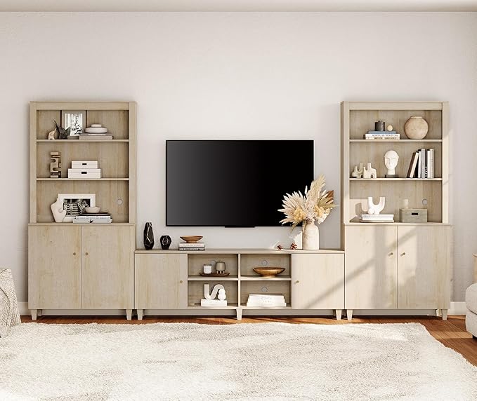 WAMPAT Modern TV Stand and Bookcase Set, Mid-Century Entertainment Center with Bookshelves and Cabinets for 75" TVs, Wood Media TV Console w/Adjustable Shelves for Living Room Bedroom, Light Oak